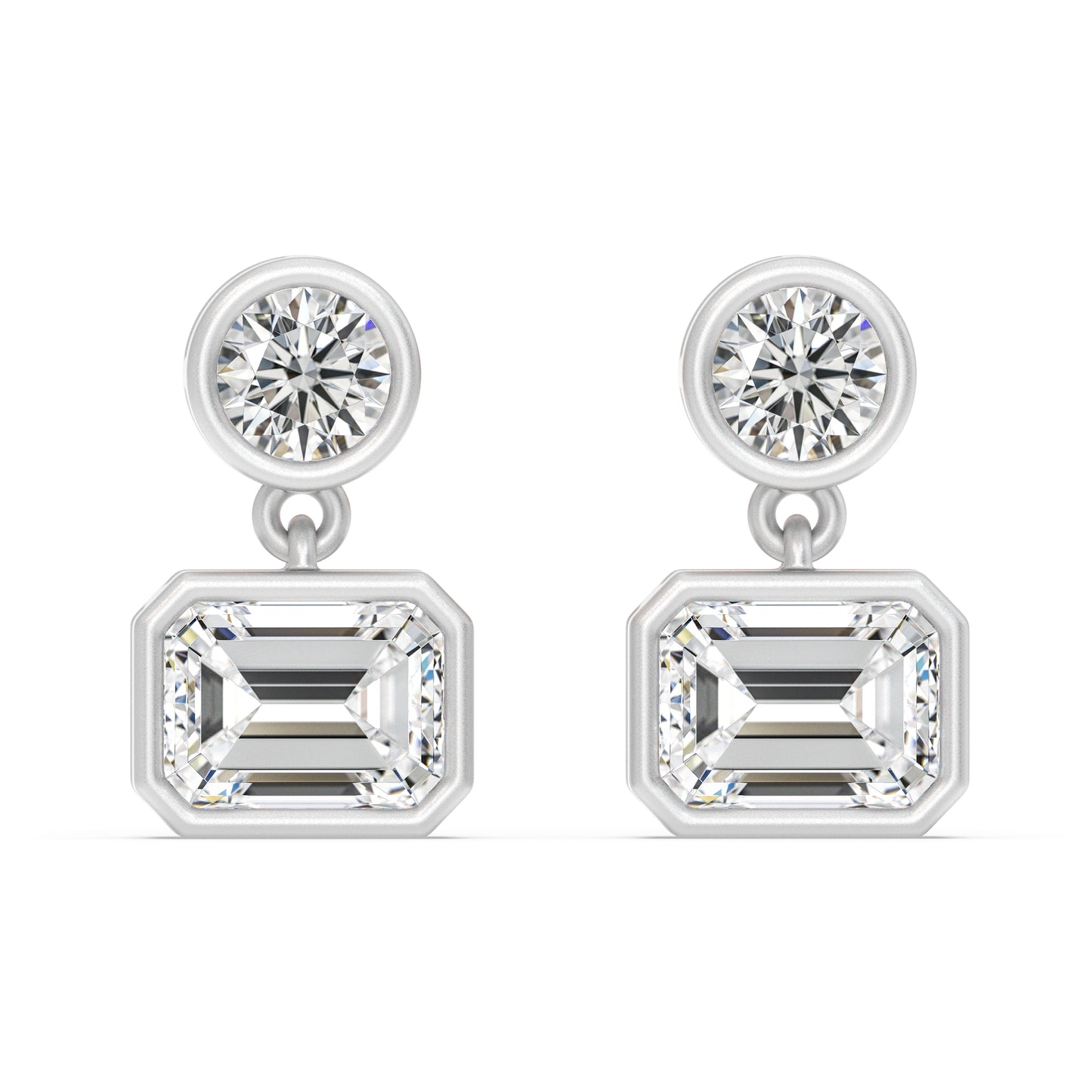 SOHO DROP EARRING, BRILLIANT CUT DIAMOND WITH A EMERALD CUT DROP DIAMOND SET IN 14K GOLD.