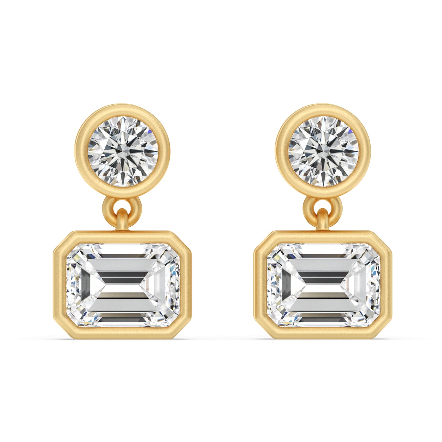 SOHO DROP EARRING, BRILLIANT CUT DIAMOND WITH A EMERALD CUT DROP DIAMOND SET IN 14K GOLD.