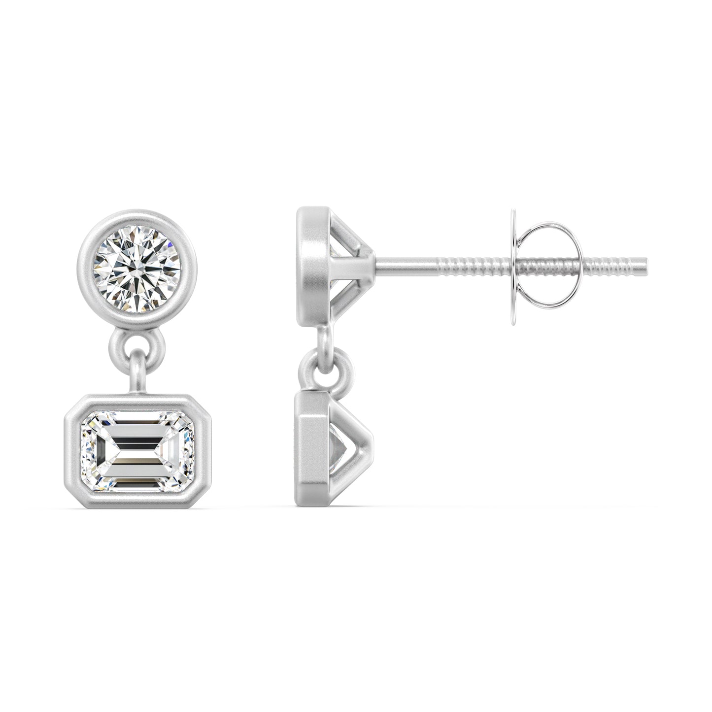 SOHO DROP EARRING, BRILLIANT CUT DIAMOND WITH A EMERALD CUT DROP DIAMOND SET IN 14K GOLD.