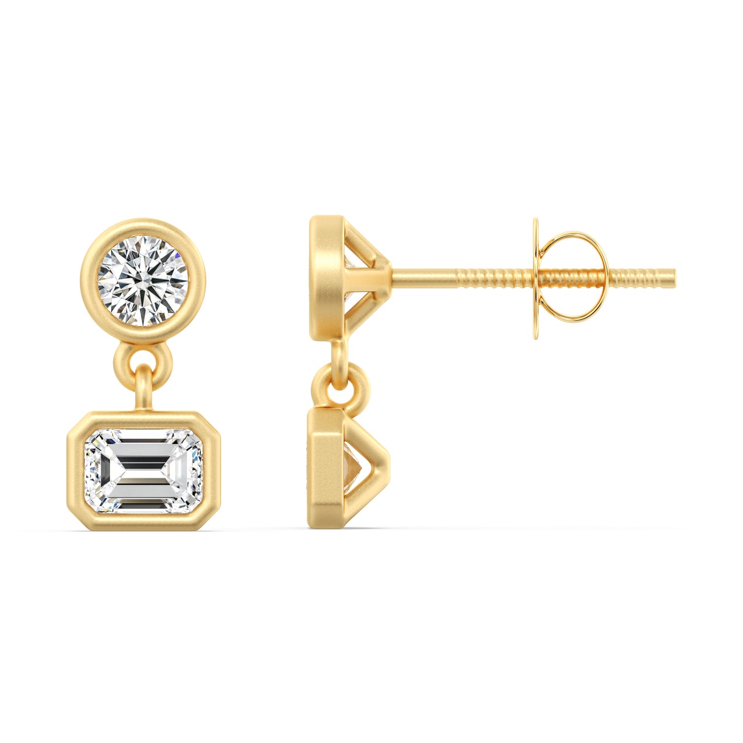 SOHO DROP EARRING, BRILLIANT CUT DIAMOND WITH A EMERALD CUT DROP DIAMOND SET IN 14K GOLD.